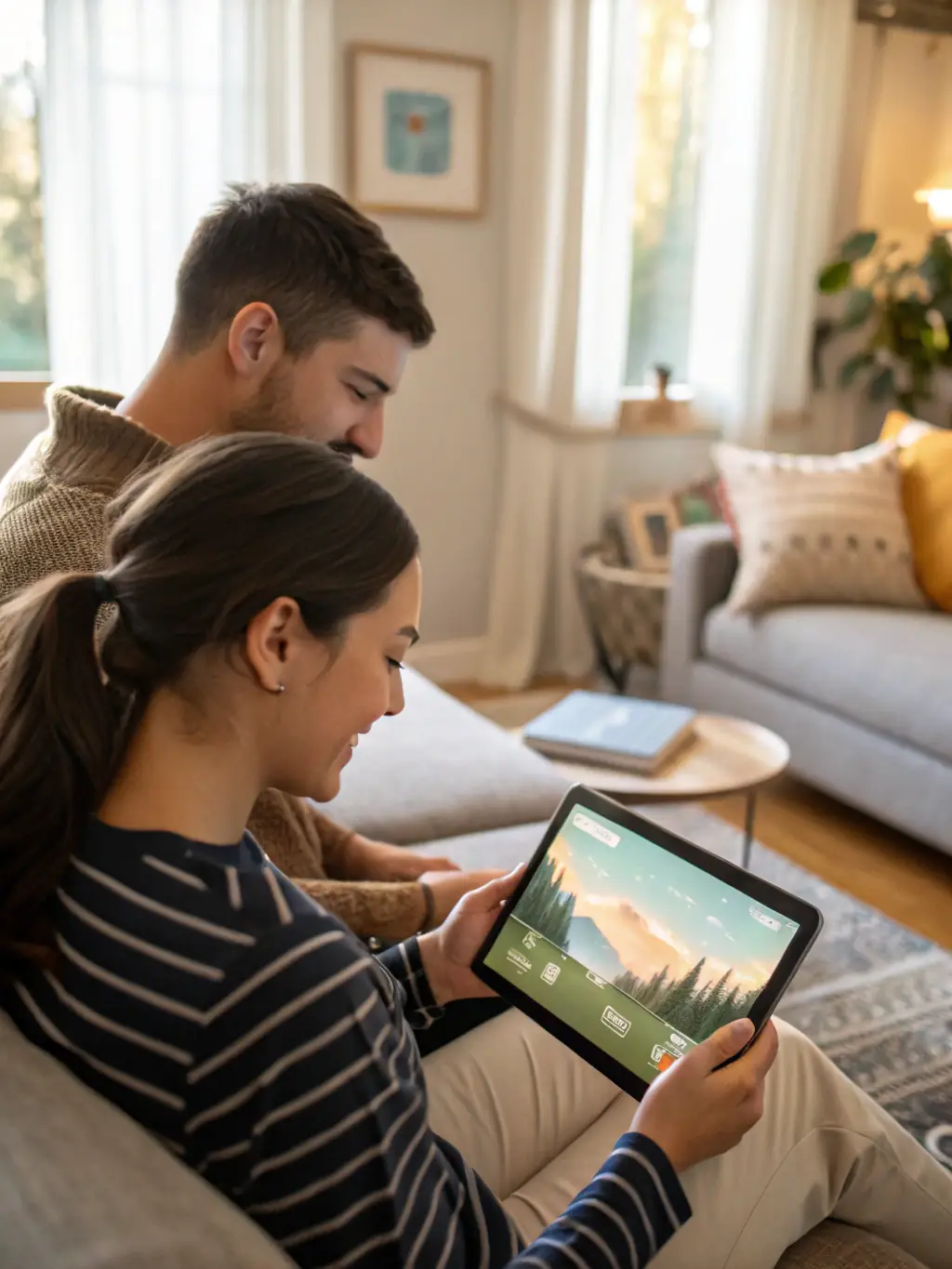 An image depicting a serene individual playing the AI Casual Puzzle Game, with subtle visual cues suggesting mental well-being and relaxation.